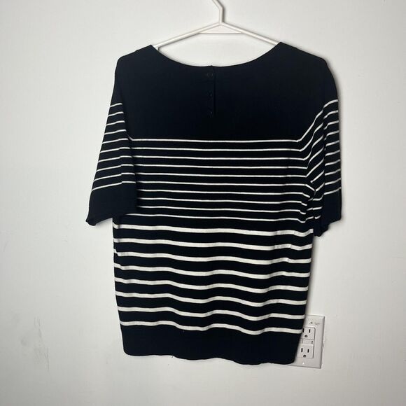 Talbots Sweater Womens Medium Black White Striped Short Sleeve Button Back - Picture 5 of 7